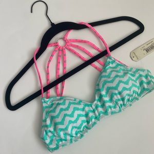 NWT, women’s, juniors, M, swim, bikini, neon pink, mint green, chevron, padded
